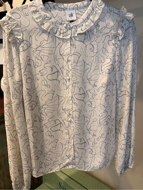 CAbi Ribbon White Blouse with Black Scribble Motif and Ruffle Collar